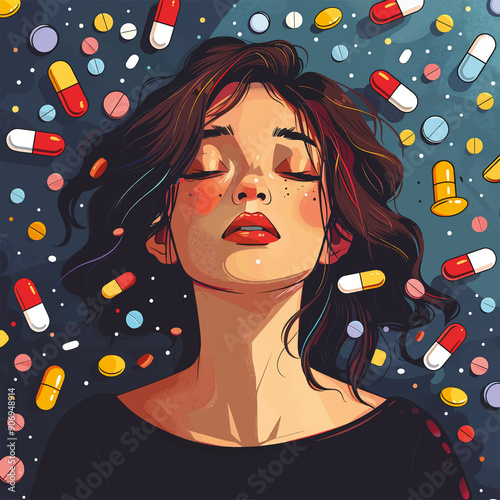 icon illustration of a woman overburdened by too many medical pills and capules, illustrating the concepts of substance abuse, addiction, polypharmacy, multiple medications, drug interactions 