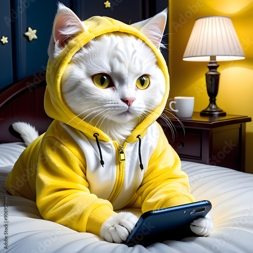 In the photo, a realistic white cat lounges comfortably on her bed, wearing a cozy yellow teddy bear onesie. The soft glow of her phone illuminates her face as she browses through it attentively. It s