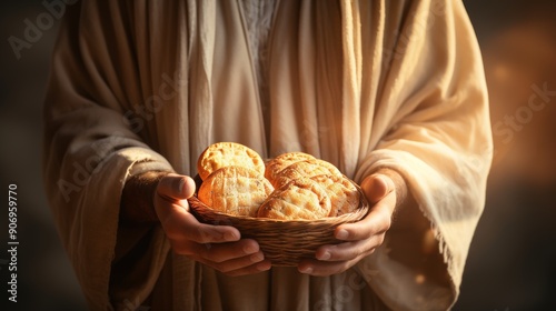 Biblical art jesus blessing fish and bread, symbolizing generosity and miracle of feeding multitude