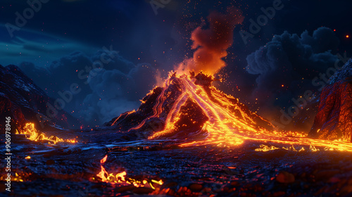 The volcano spews out streams of lava, and the burning magma illuminates the surroundings. The effect of fire and smoke combined with the dark night background creates a dramatic and intense image