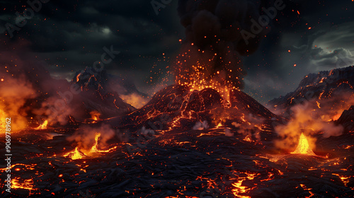 The volcano spews out streams of lava, and the burning magma illuminates the surroundings. The effect of fire and smoke combined with the dark night background creates a dramatic and intense image