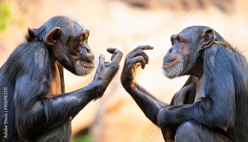 Two chimpanzees apparently having a conversation using hand gestures