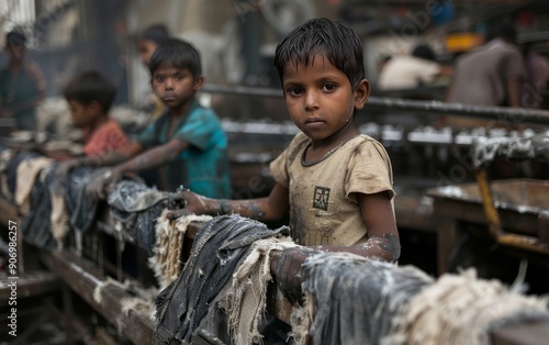 A stark image of child labor in Bangladesh, showing young children working in a garment factory. 