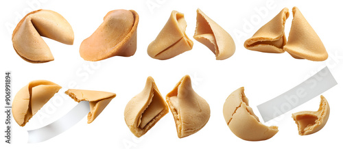 Fortune cookie cookies biscuit wafer pastry dessert on transparent cutout, PNG file. Many assorted different angles, broken, cracked, empty blank note, break. Mockup template for artwork design