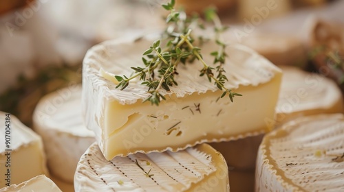 A close-up shot of a creamy brie cheese topped with fresh thyme sprigs, showcasing its texture, flavor, and aroma. This image represents culinary delight, gourmet cheese, French cuisine, and a sophist