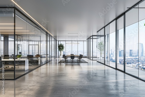 Modern open office space with a separate glass-walled meeting room, large windows, gray floor, and urban cityscape background. Office design concept. 3D, Generative AI