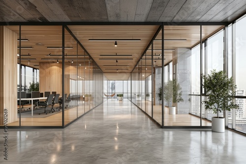 Modern office interior with empty white wall mockup, wooden floor and ceiling. Concept of workspace. 3D Rendering, Generative AI