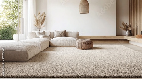 Comfortable Living Room with Berber Carpet Flooring in Neutral Beige Showcasing Looped Texture and Durability