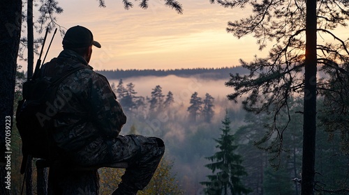 Hunter in camouflage waiting patiently in a tree stand at dawn, with a misty forest and early morning light creating a serene and focused atmosphere