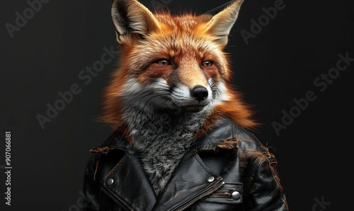 Agile fox in a leather jacket, cunning and graceful