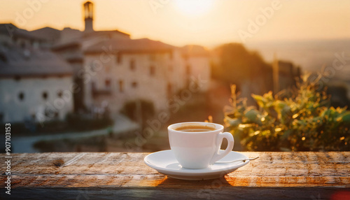 italy. a bistro table with a espresso in the middle of an old village.