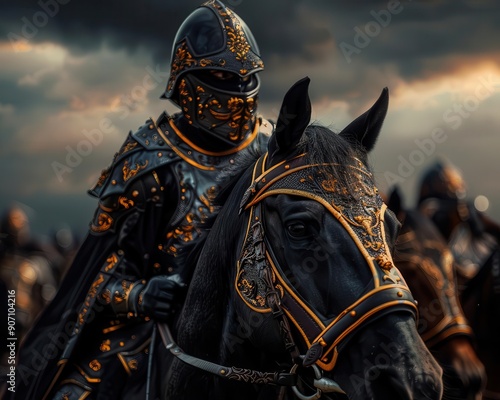 Charging horses with knights in full armor ready for battle, showcasing medieval warfare, Historical, Dark tones, Digital painting