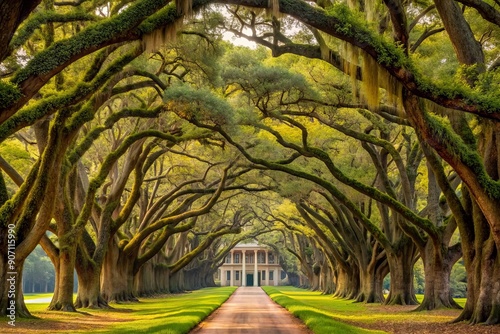 Majestic avenue of ancient oak trees with moss-draped branches stretches towards historic antebellum mansion on scenic grounds of renowned Charleston plantation estate.