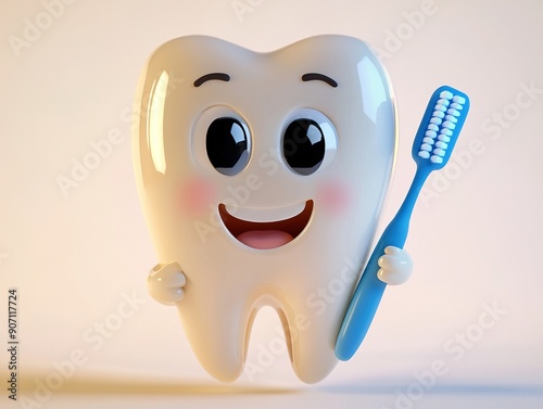 Cute tooth character holding a toothbrush, cartoonish and happy