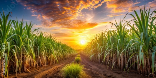 Sunset illuminating sugarcane field with long, slender leaves and stalks, sunset, sugarcane, field, leaves, stalks, agriculture