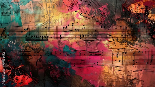 Vibrant Abstract Background Featuring Colorful Sheet Music Illustrating the Harmony of Art and Sound