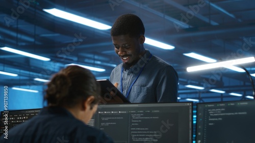 Manager overseeing team and doing system analysis of server farm supercomputers using tablet. Man supervising employees in data center housing storage infrastructure supporting critical IT workloads