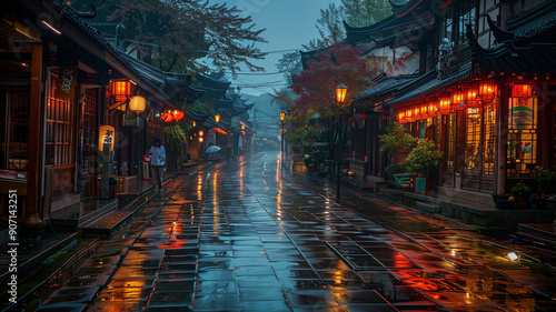 Japanese style old town architecture with rain at night