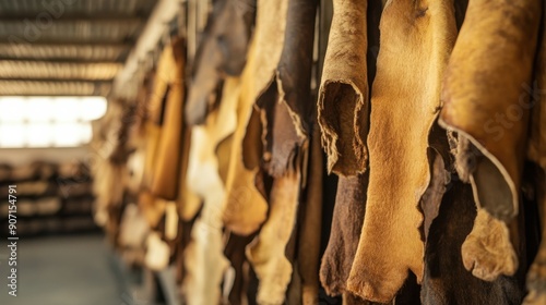 A row of leathers hanging from the ceiling