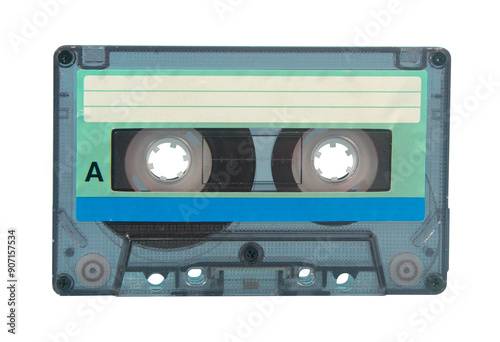 old transparent plastic music cassette on a blue surface