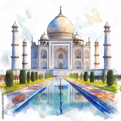 Serene Watercolor Illustration of the Taj Mahal on a White Background