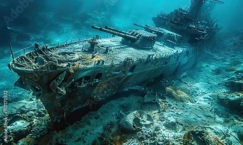 A sunken warship rests on the ocean floor, surrounded by blue waters, sand, and marine life, creating a haunting and mysterious underwater scene.