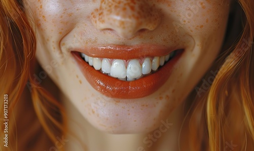 A close-up of a woman's bright smile, showing her white teeth and glossy lips, radiates genuine happiness and confidence.