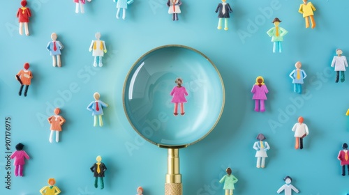 Finding the Perfect Candidate: A magnifying glass focuses on a miniature woman surrounded by a diverse crowd, symbolizing the search for talent in a competitive job market.