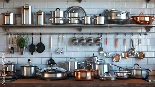 3D Render of Kitchen Countertop with Stainless Steel Pots and Pans