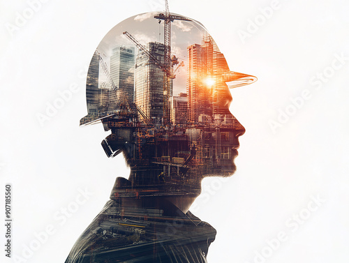 Double Exposure of Engineer in Helmet with Urban Skyline