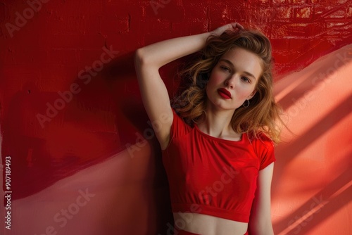 A woman leans against a red wall, wearing a bright red top and possibly preparing for a performance or presentation