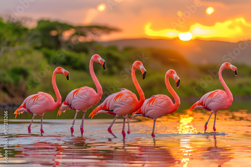 Elegant Flamingos in Sunset Glow: A Stunning Natural Spectacle