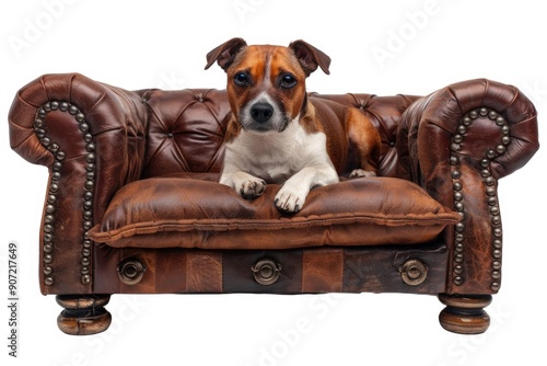 A brown and white dog sits comfortably on a brown leather couch