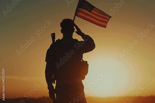 Silhouette of Soldier Saluting Against American Flag