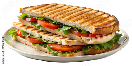 Grilled Turkey Panini on Plate Isolated on Transparent Background