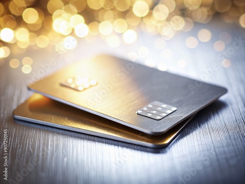 Macro shot of two credit cards overlapping, with gold and silver accents, on a blurred background, highlighting financial transactions and payment methods.