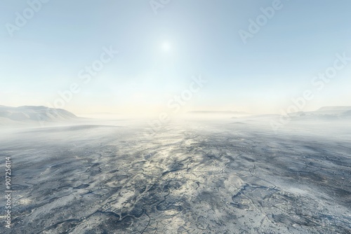 Barren Landscape with Mist, Desolate and Moody Atmosphere, A View of the Frozen Tundra, Snow-Covered Plains, and a Misty Horizon, Nature Photography