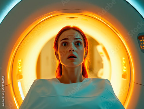 A woman with a frightened expression as she prepares to enter an MRI machine. The photo highlights the anxiety and fear often associated with medical imaging for those experiencing claustrophobia