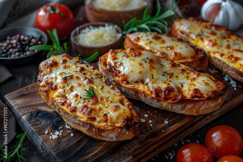 Delicious cheesy garlic bread loaves topped with herbs and spices.