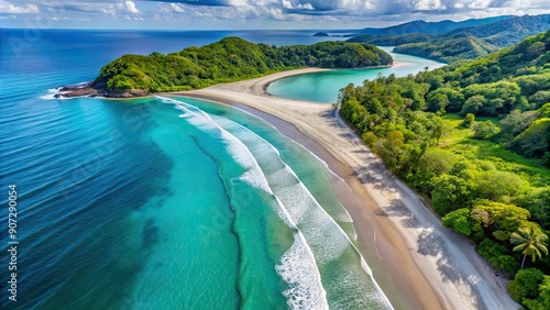 Aerial view of beautiful Samara beach in Costa Rica with white sand and clear turquoise water, Samara, beach