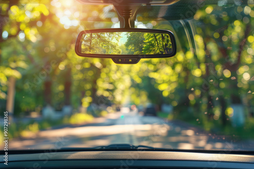 View from Car Interior Through Rearview Mirror on a Sunny Day