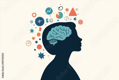 Person Surrounded by Floating Icons for Short-Term Memory, Long-Term Memory, and Recall, with Some Icons Fading to Depict Forgetting