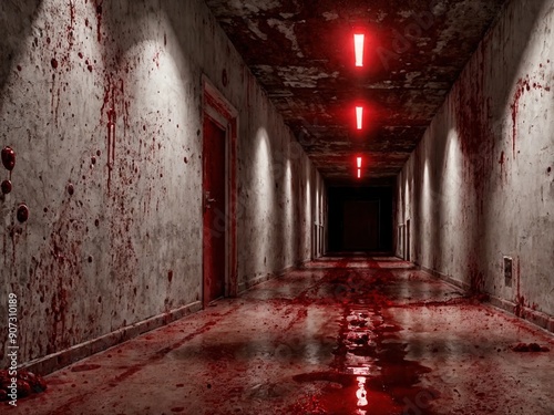 Dimly lit high-tech hallway with blood pooling on the floor in a modern horror movie scene.