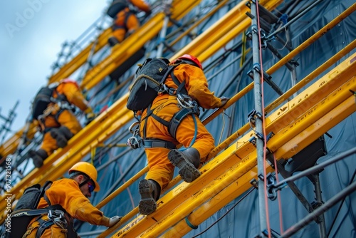 Workers in safety harness up high against sky background for secure work at heights