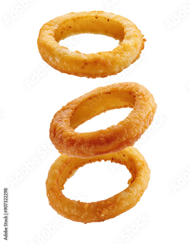 Crispy golden onion rings isolated on white background, perfect for fast food, snack, or appetizer themed imagery.