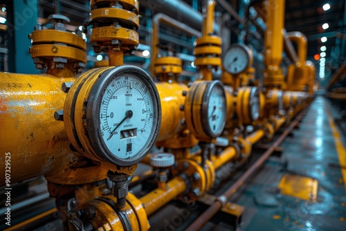 Industrial gas compressor station with pressure gauges, yellow pipes in factory building