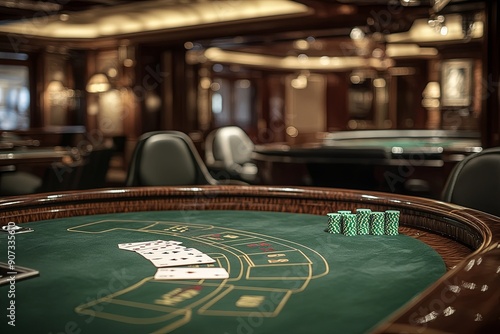 A luxurious casino table with a rich green felt surface, scattered poker chips