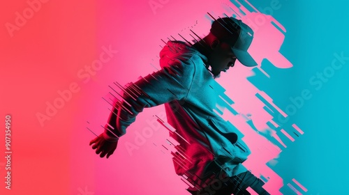 Double exposure of a hip-hop choreographer with a cap, integrating their dance silhouettes with abstract, vivid urban backgrounds and shapes