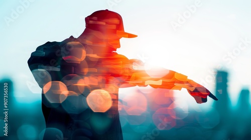 Double exposure of a hip-hop choreographer with a cap, integrating their dance silhouettes with abstract, vivid urban backgrounds and shapes