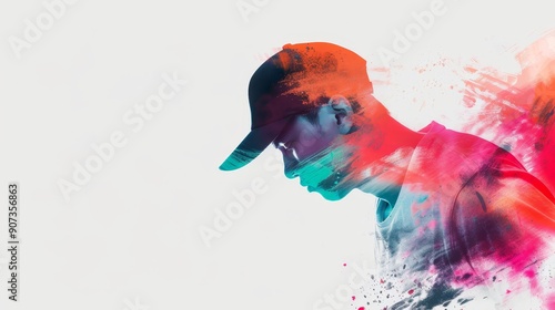 Double exposure of a hip-hop choreographer with a cap, integrating their dance silhouettes with abstract, vivid urban backgrounds and shapes